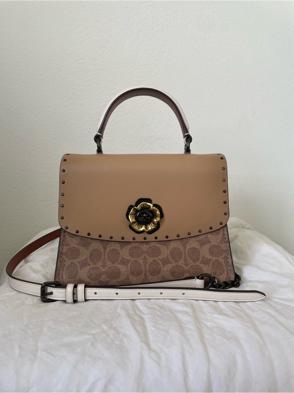 Coach Parker Top Handle in Signature Canvas with Rivets and Tea Rose Turnlock